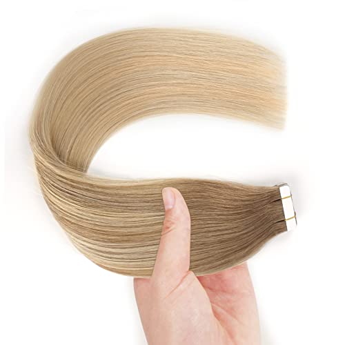 20 Pieces Remy Human Hair Invisible Sun-kissed Balayage Tape in Hair Extensions  Dirty blonde with Platinum Blonde Highlights B8-18-60, 18 Inch