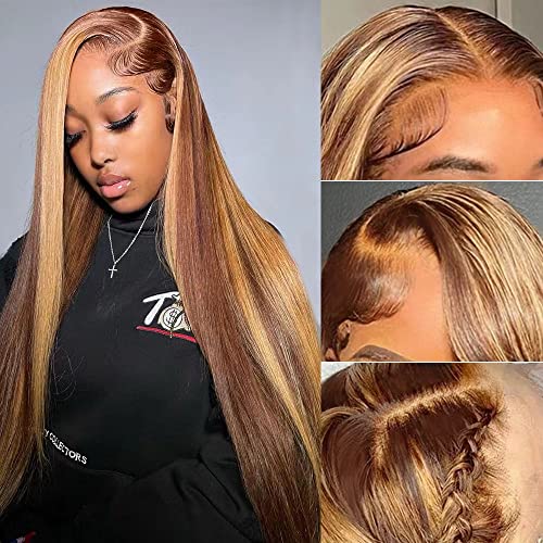 Ombre Highlight Lace Front Wig 13x4 Transparent HD Pre Plucked With Baby Hair Honey Blonde 4/27 Color 150% Density Glueless Frontal Wig 28 Inch