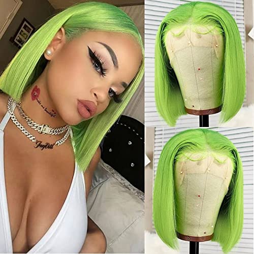 Green Lace Front Natural Hairline Bob Wig Straight Brazilian Virgin Human Hair Green Wig (8 Inch)