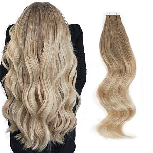 20 Pieces Remy Human Hair Invisible Sun-kissed Balayage Tape in Hair Extensions  Dirty blonde with Platinum Blonde Highlights B8-18-60, 18 Inch