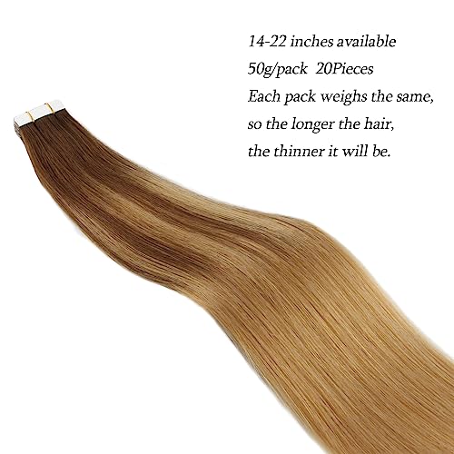 Sun-kissed Human Hair Tape Extensions Balayage Invisible Double Sided Real Remy Skin Weft, 50g 20pcs, Chocolate Brown with Caramel Blonde B4-27, 20 Inch