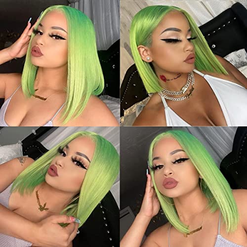 Green Lace Front Natural Hairline Bob Wig Straight Brazilian Virgin Human Hair Green Wig (8 Inch)