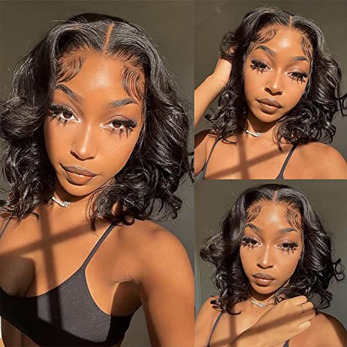 Wavy Bob Human Hair 13x4 Lace Front Pre Plucked Glueless Wig 12 Inches Brazilian Body Loose Wave