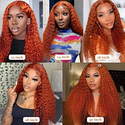 Ginger Lace Front Deep Wave 13x4 Hd Transparent Lace Frontal Wig Human Hair 180% Density Orange Colored Glueless Pre Plucked Natural Hairline 26 Inch