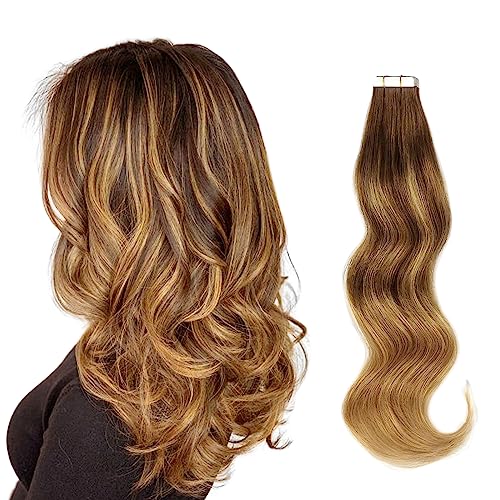 Sun-kissed Human Hair Tape Extensions Balayage Invisible Double Sided Real Remy Skin Weft, 50g 20pcs, Chocolate Brown with Caramel Blonde B4-27, 20 Inch