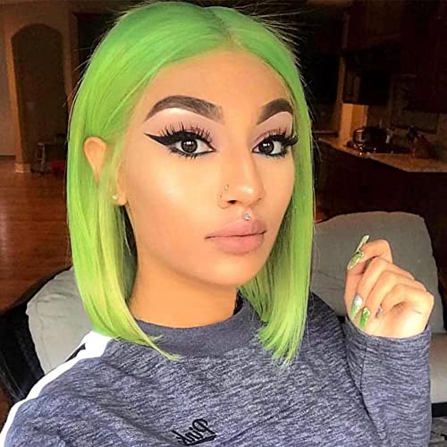 Green Lace Front Natural Hairline Bob Wig Straight Brazilian Virgin Human Hair Green Wig (8 Inch)