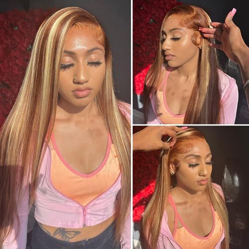 Ombre Highlight Lace Front Wig 13x4 Transparent HD Pre Plucked With Baby Hair Honey Blonde 4/27 Color 150% Density Glueless Frontal Wig 28 Inch