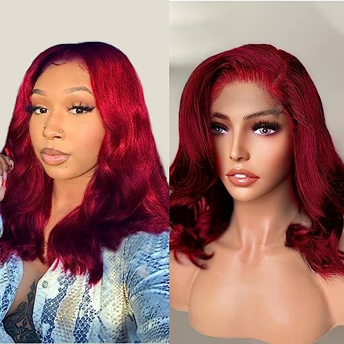 13x4 Bob Wig Human Hair 99J Burgundy Lace Frontal 180% Density Body Wave Glueless Bleached Knots with Baby Hair 12 Inch