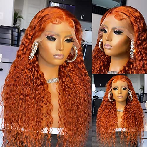 Ginger Lace Front Deep Wave 13x4 Hd Transparent Lace Frontal Wig Human Hair 180% Density Orange Colored Glueless Pre Plucked Natural Hairline 26 Inch