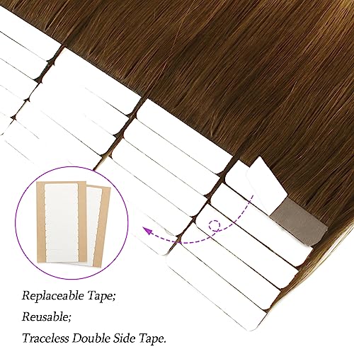 Sun-kissed Human Hair Tape Extensions Balayage Invisible Double Sided Real Remy Skin Weft, 50g 20pcs, Chocolate Brown with Caramel Blonde B4-27, 20 Inch