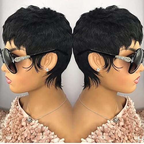 Short Layered Pixie Cut Wig Glueless 100% Human Hair No Lace Natural Black Color 1B