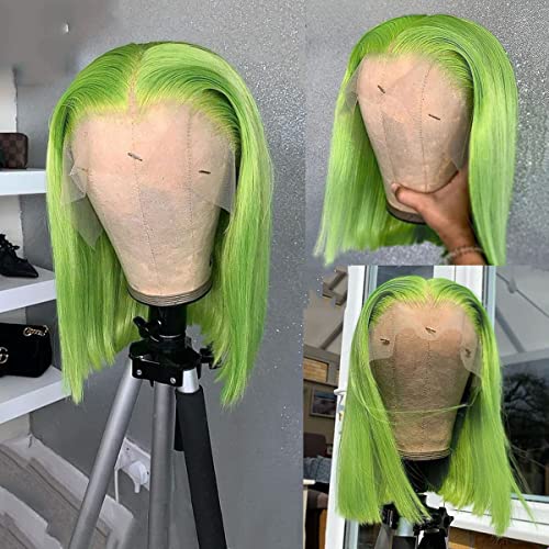 Green Lace Front Natural Hairline Bob Wig Straight Brazilian Virgin Human Hair Green Wig (8 Inch)