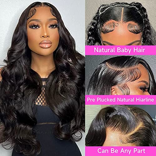 Body Wave Human Hair 180 Density 13x6 Lace Frontal HD Transparent Pre Plucked 12A Brazilian Virgin Natural Black 34 Inch