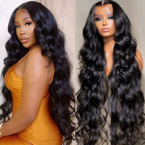 Body Wave Human Hair 180 Density 13x6 Lace Frontal HD Transparent Pre Plucked 12A Brazilian Virgin Natural Black 34 Inch