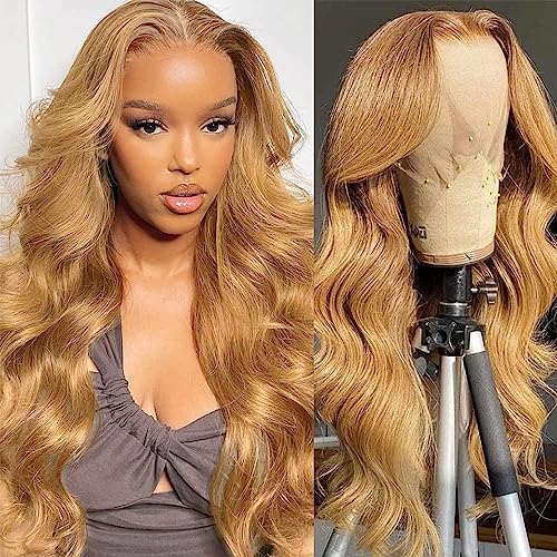 18 inches 200% Density 13x6 HD Transparent Lace Front Wig With Baby Hair Pre-Plucked Blonde Body Wave Human Hair Glueless Light Brown