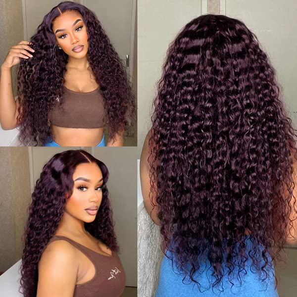 XZZ Dark Burgundy Lace Front Wigs Human Hair 13x4 Purple Deep Wave Frontal Wig Human Hair HD Lace Curly Wigs for Women Pre Plucked with Baby Hair Curly Lace Front Wig Human Hair 150% Density 24 Inch