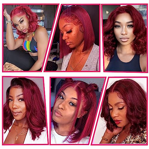 13x4 Bob Wig Human Hair 99J Burgundy Lace Frontal 180% Density Body Wave Glueless Bleached Knots with Baby Hair 12 Inch