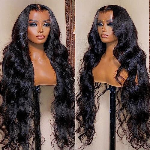 Body Wave Human Hair 180 Density 13x6 Lace Frontal HD Transparent Pre Plucked 12A Brazilian Virgin Natural Black 34 Inch