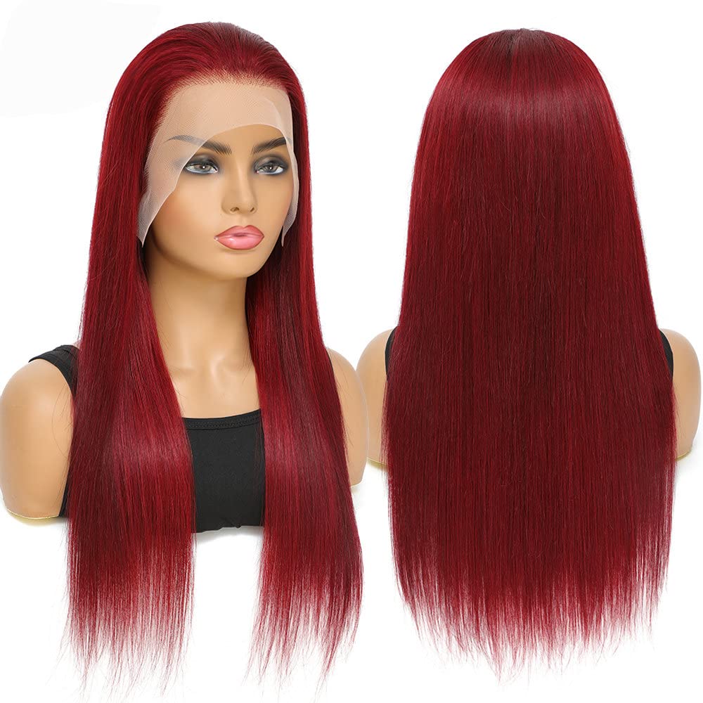 Burgundy Glueless Pre Plucked Hairline 13×4 HD Transparent Lace Frontal 180% Density Human Hair with Baby Hair Wine Red Colored 99j  24 inch