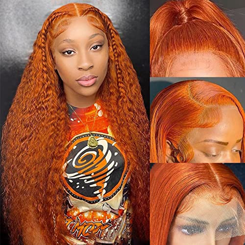 Ginger Lace Front Deep Wave 13x4 Hd Transparent Lace Frontal Wig Human Hair 180% Density Orange Colored Glueless Pre Plucked Natural Hairline 26 Inch