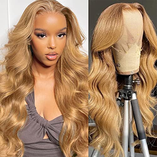 22in 200% Density 13x6 HD Transparent Lace Front Pre-Plucked Blonde Body Wave Glueless Light Brown Wig Human Hair