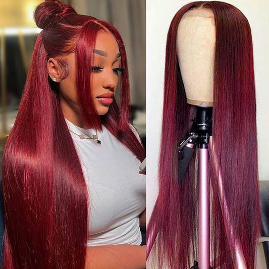 Burgundy Glueless Pre Plucked Hairline 13×4 HD Transparent Lace Frontal 180% Density Human Hair with Baby Hair Wine Red Colored 99j  24 inch