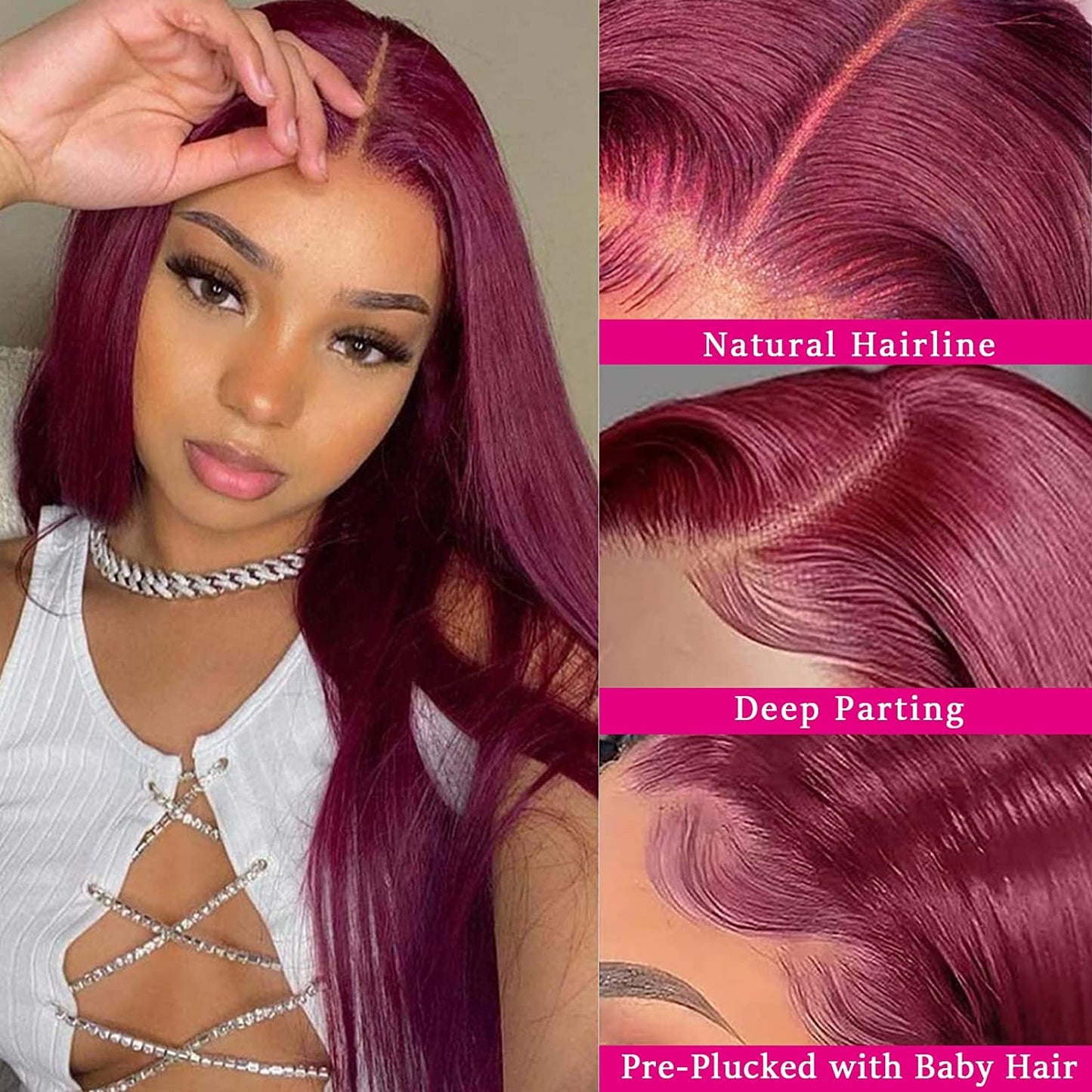 Burgundy Glueless Pre Plucked Hairline 13×4 HD Transparent Lace Frontal 180% Density Human Hair with Baby Hair Wine Red Colored 99j  24 inch