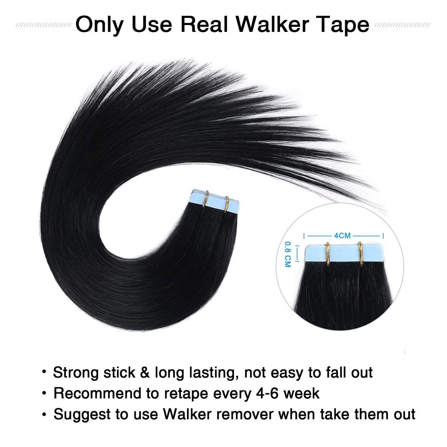 Tape in Hair Extensions Jet Black 100% Human 20 inches 20pcs 50g/pack Straight Seamless Skin Weft Hair(20 #1 Black)