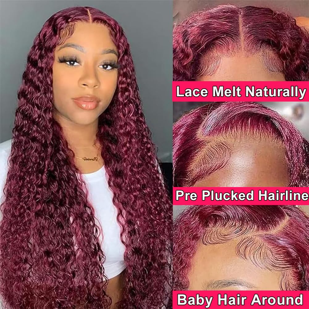 99J Burgundy Water Wave 13x4 180% Density Transparent Lace Frontal Wig Pre Plucked with Baby Hair 18 inch