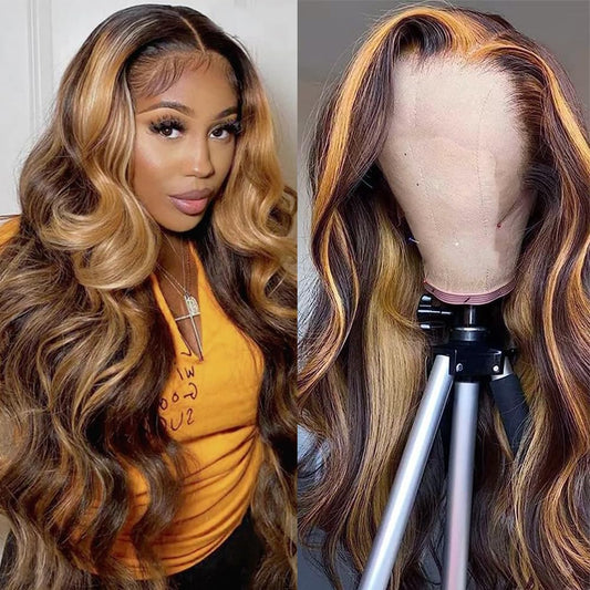 4/27 Highlight Lace Front Pre Plucked 13x4 HD Transparent Body Wave Honey Blonde Human Hair 200% Density Glue-less 32 inch