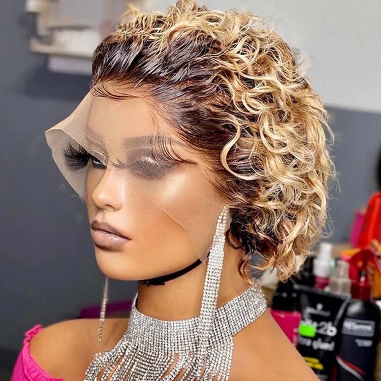 Ombre Blonde HD Lace Frontal 6 inch 13 X 1  Pre Plucked Pixie Cut Short Curly Wig 6 Inch, color 1B/27#