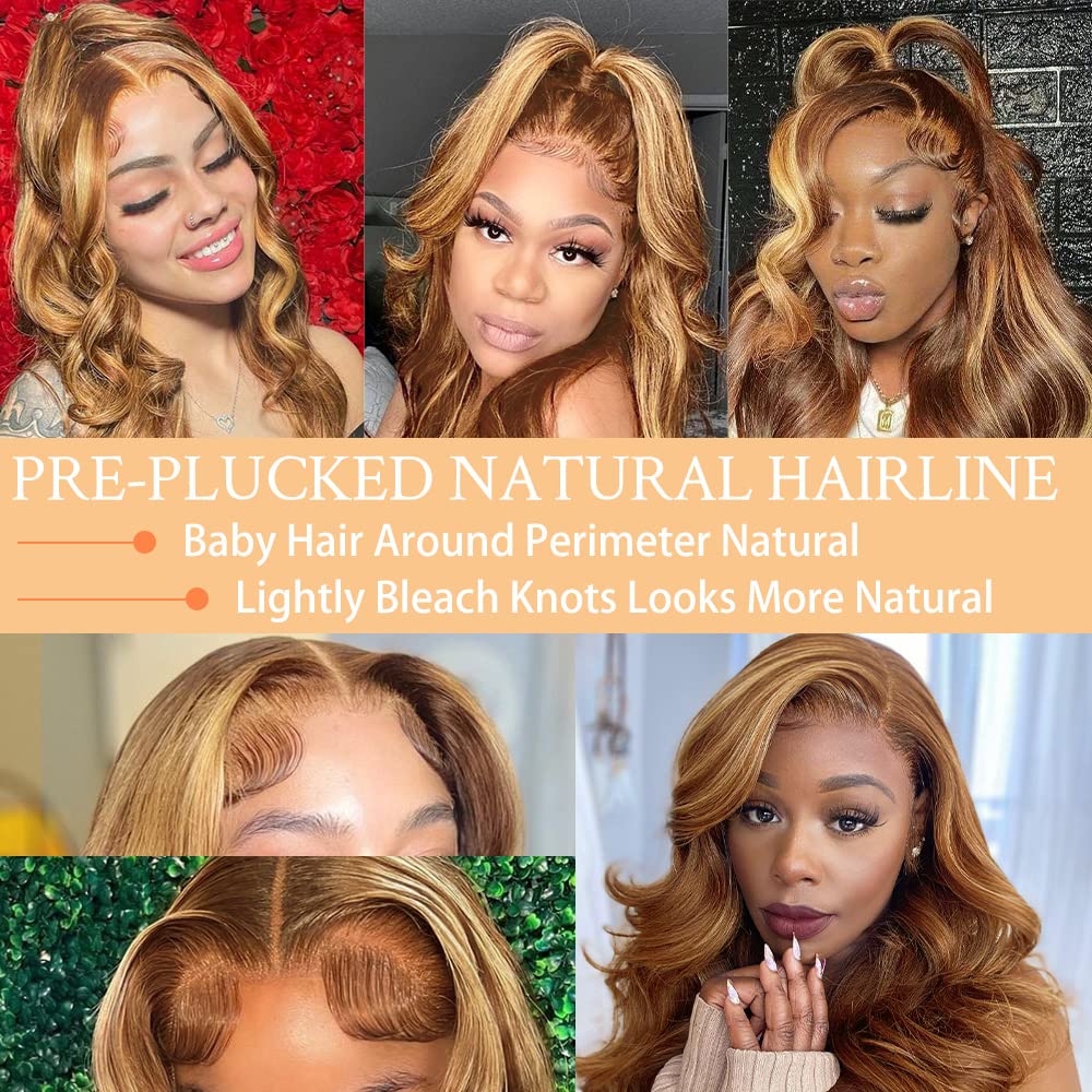 5/27 Ombre Highlight Body Wave Lace Frontal Wig 13x4 HD Transparent Human Hair Pre Plucked with Baby Hair 150% Density 28 inch