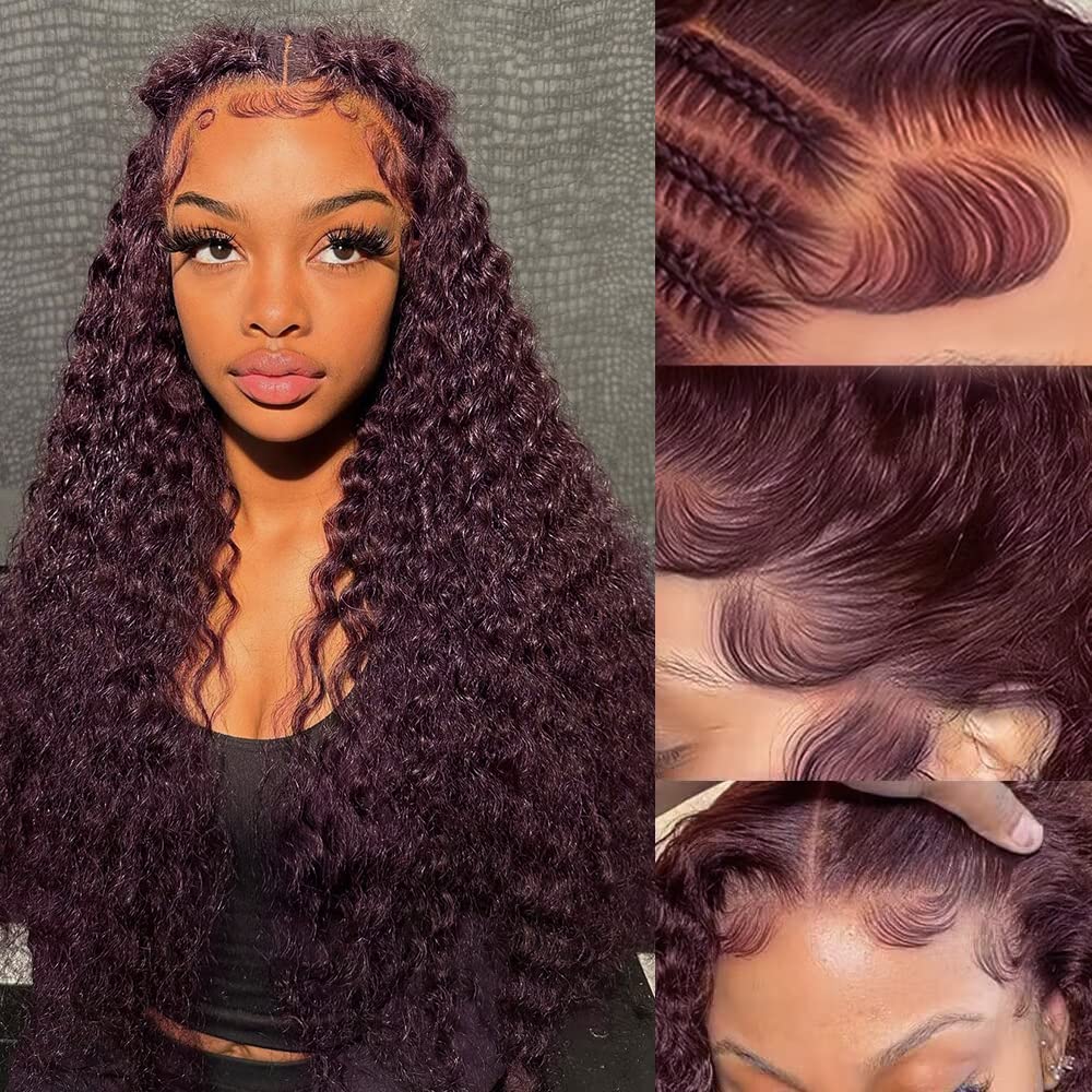 XZZ Dark Burgundy Lace Front Wigs Human Hair 13x4 Purple Deep Wave Frontal Wig Human Hair HD Lace Curly Wigs for Women Pre Plucked with Baby Hair Curly Lace Front Wig Human Hair 150% Density 24 Inch