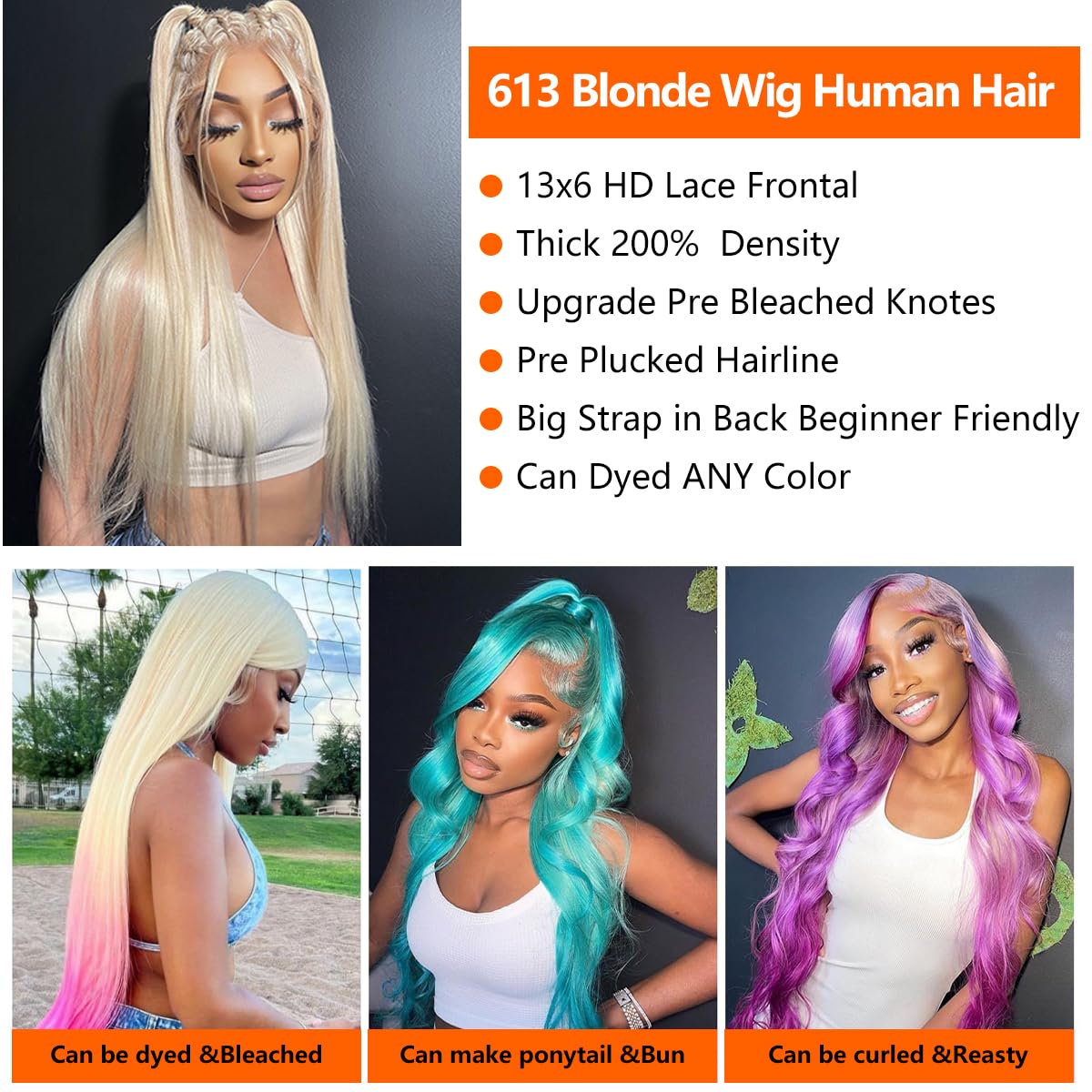 36 Inch 613 Human Hair 200 Density HD Lace Frontal Wig Glueless Blonde  Wig Pre Plucked Straight