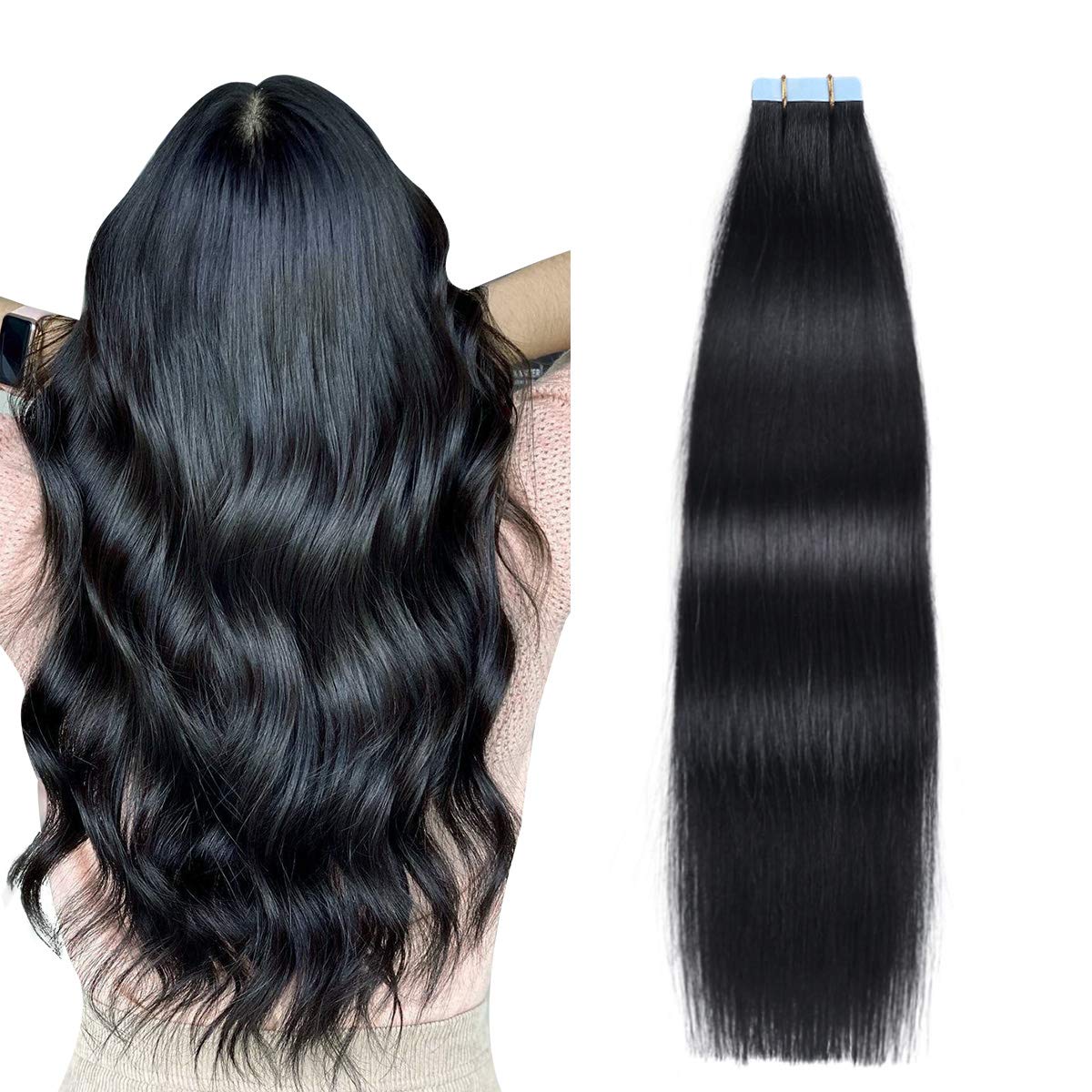 Tape in Hair Extensions Jet Black 100% Human 20 inches 20pcs 50g/pack Straight Seamless Skin Weft Hair(20 #1 Black)