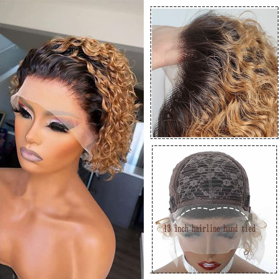 Ombre Blonde HD Lace Frontal 6 inch 13 X 1  Pre Plucked Pixie Cut Short Curly Wig 6 Inch, color 1B/27#