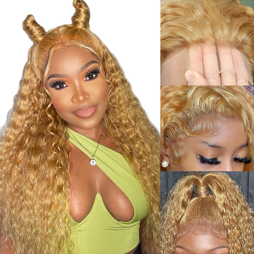 Honey Blonde Curly 24 Inch 13x4 Deep Wave HD Lace Front Pre Plucked with Baby Hair #27 Human Hair Wig 150 Density