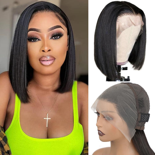 13x4 HD Lace Frontal Free Part Straight Bob Baby Hair Pre Plucked Glueless Natural Hairline 150% Density Natural Black 12 Inch human hair