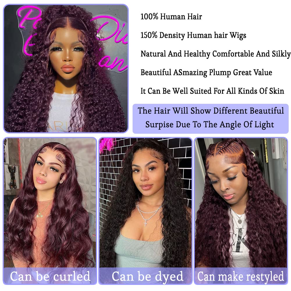 XZZ Dark Burgundy Lace Front Wigs Human Hair 13x4 Purple Deep Wave Frontal Wig Human Hair HD Lace Curly Wigs for Women Pre Plucked with Baby Hair Curly Lace Front Wig Human Hair 150% Density 24 Inch