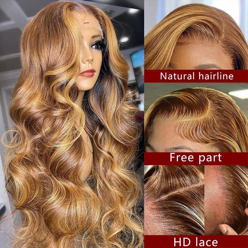 5/27 Ombre Highlight Body Wave Lace Frontal Wig 13x4 HD Transparent Human Hair Pre Plucked with Baby Hair 150% Density 28 inch