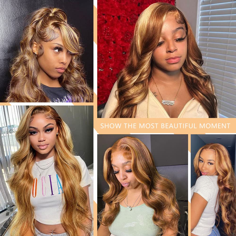 5/27 Ombre Highlight Body Wave Lace Frontal Wig 13x4 HD Transparent Human Hair Pre Plucked with Baby Hair 150% Density 28 inch