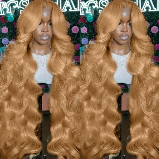 34 in 200% Density 13x6 HD Transparent Lace Front Wig Human Hair Baby Hair Pre-Plucked Blonde Body Wave Glueless Light Brown