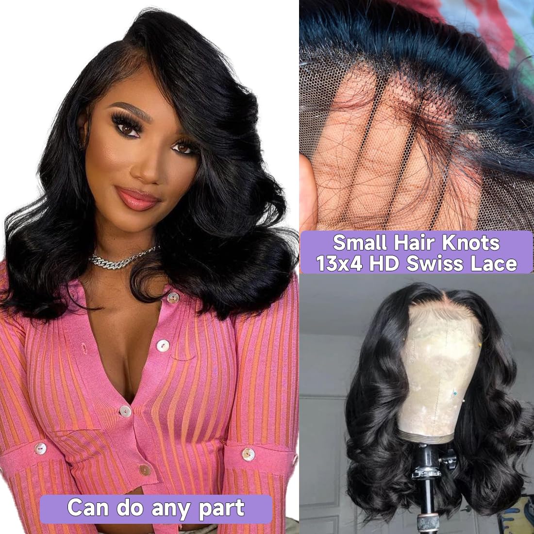 13x4 HD Pre Plucked Lace Front Short Bob Human Hair Wig 180% Density Glueless Black Color 14 inch