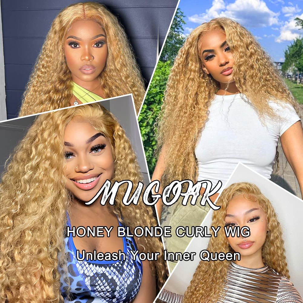 Honey Blonde Curly 24 Inch 13x4 Deep Wave HD Lace Front Pre Plucked with Baby Hair #27 Human Hair Wig 150 Density