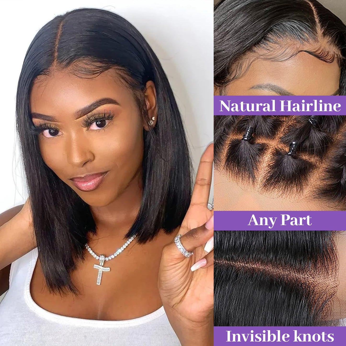 13x4 HD Lace Frontal Free Part Straight Bob Baby Hair Pre Plucked Glueless Natural Hairline 150% Density Natural Black 12 Inch human hair