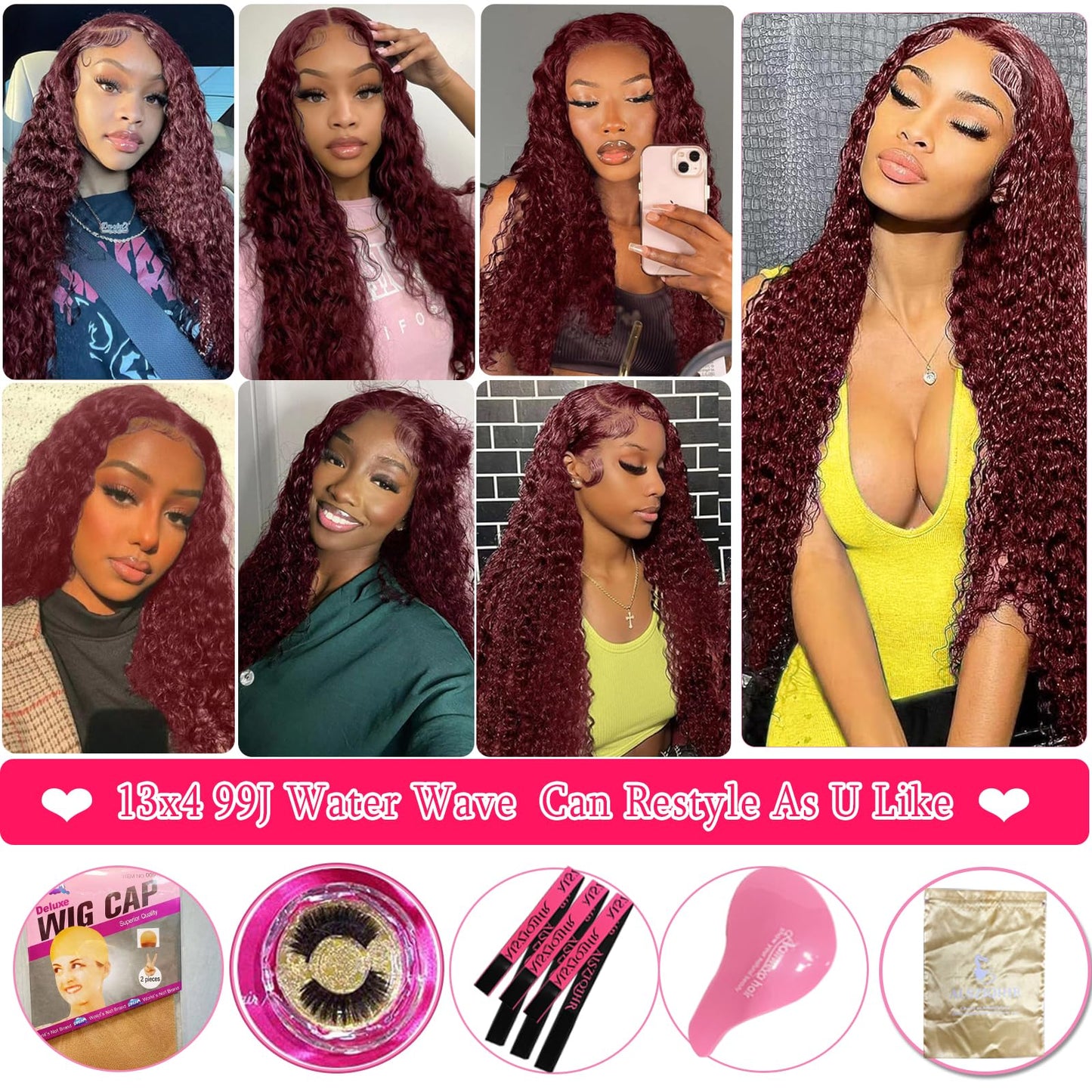 99J Burgundy Water Wave 13x4 180% Density Transparent Lace Frontal Wig Pre Plucked with Baby Hair 18 inch