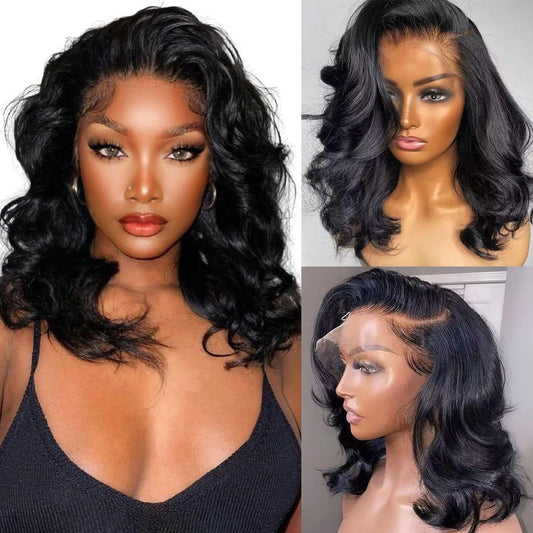 13x4 HD Pre Plucked Lace Front Short Bob Human Hair Wig 180% Density Glueless Black Color 14 inch