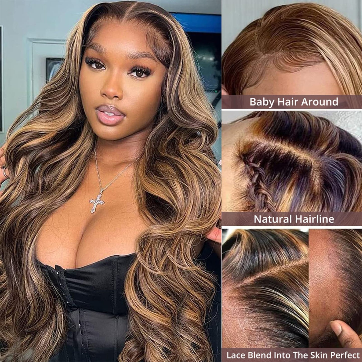 26in 200 Density 360 Glueless HD Transparent Lace  Front Wig Human Hair Pre Plucked Honey Blonde Body Wave with Baby Hair 4/27